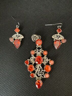 Fire Red Crystal Pendant Necklace and Earring Set